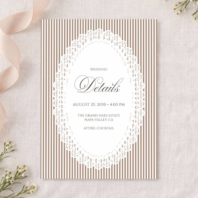 Mocha Brown Stripe Lace Doily Wedding Details Enclosure Card (Creator Uploaded)