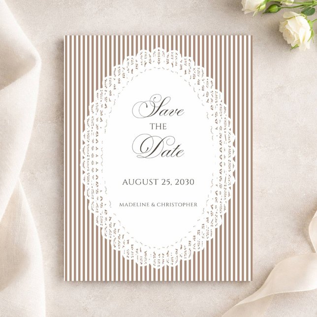 Mocha Brown Stripe Lace Doily Wedding Save The Date (Creator Uploaded)