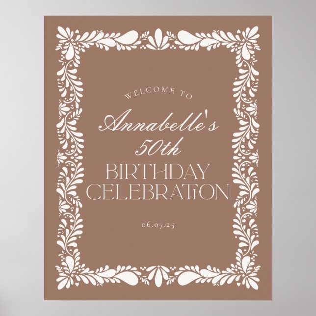 Mocha Brown Talavera Fiesta Birthday Party Welcome Poster (Front)