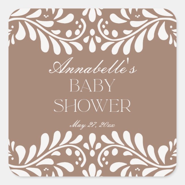 Mocha Brown Talavera Spanish Fiesta Baby Shower Square Sticker (Front)