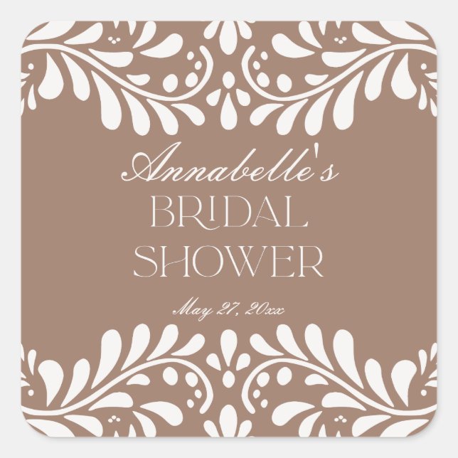 Mocha Brown Talavera Spanish Fiesta Bridal Shower Square Sticker (Front)