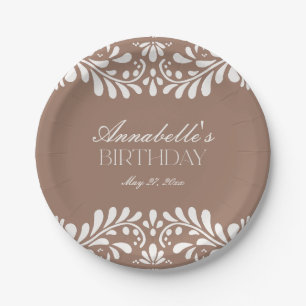 Mocha Brown Talavera Tile Fiesta Birthday Paper Plate