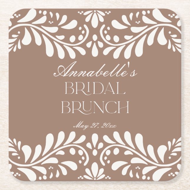 Mocha Brown Talavera Tile Fiesta Bridal Brunch Square Paper Coaster (Front)