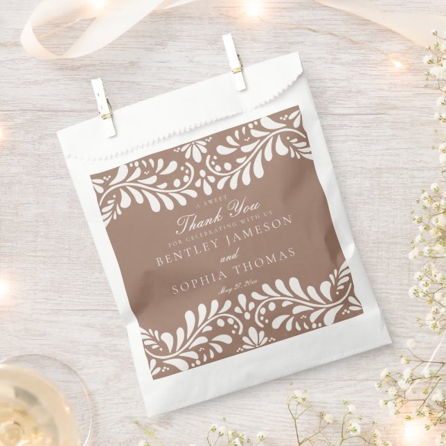 Mocha Brown Talavera Tile Fiesta Wedding Dessert Favour Bag (Clipped)