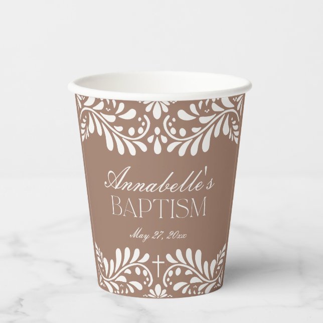 Mocha Brown Talavera Tile Spanish Fiesta Baptism Paper Cups (Front)
