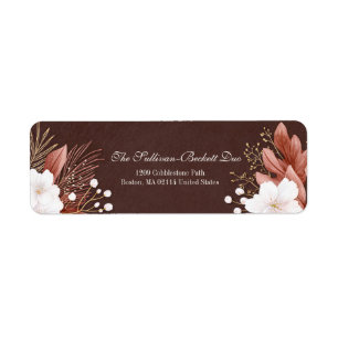 Mocha Brown Texture White Blossom Leaf Return Address Label