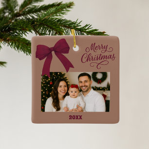 Mocha burgundy bow Christmas photo Ceramic Ornament