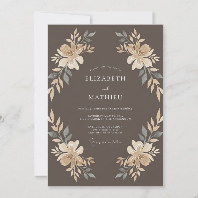 Mocha Champagne Leaf Wedding Invitation (Front)