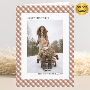 Mocha Chocolate Brown Gingham Two Photo Christmas Holiday Card