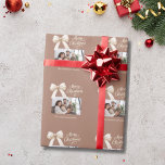 Mocha coffee cream bow photo script Christmas Wrapping Paper<br><div class="desc">A mocha coffee background,  cream coloured text and a bow. Text and photo.  Merry Christmas is written with an elegant hand-lettered style font. 
Personalise and add your family name.</div>