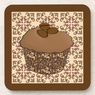 Mocha / Coffee Frosted Cupcake, Lace Background Coaster