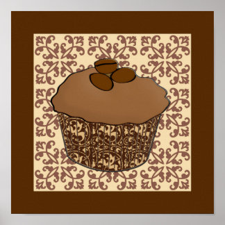 Mocha / Coffee Frosted Cupcake, Lace Background Poster