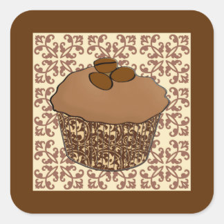 Mocha / Coffee Frosted Cupcake, Lace Background Square Sticker