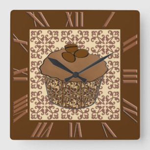 Mocha / Coffee Frosted Cupcake, Lace Background Square Wall Clock