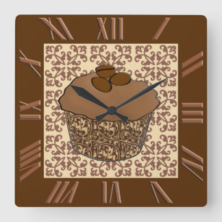 Mocha / Coffee Frosted Cupcake, Lace Background Square Wall Clock