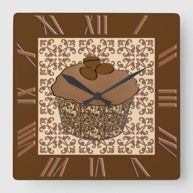 Mocha / Coffee Frosted Cupcake, Lace Background Square Wall Clock (Front)