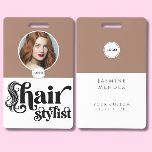 Mocha Coffee White Elegant Photo Hair Stylist ID Badge