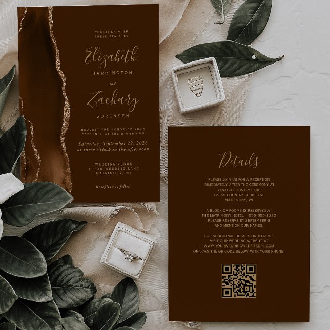 Mocha Gold Agate Brown QR Code Wedding Invitation (Creator Uploaded)