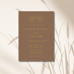 Mocha & Gold Holly Tree Leaves Minimalist Wedding Invitation