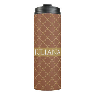Mocha Gold Quatrefoil Personalised  Thermal Tumbler