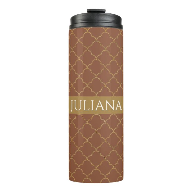 Mocha Gold Quatrefoil Personalised  Thermal Tumbler (Front)