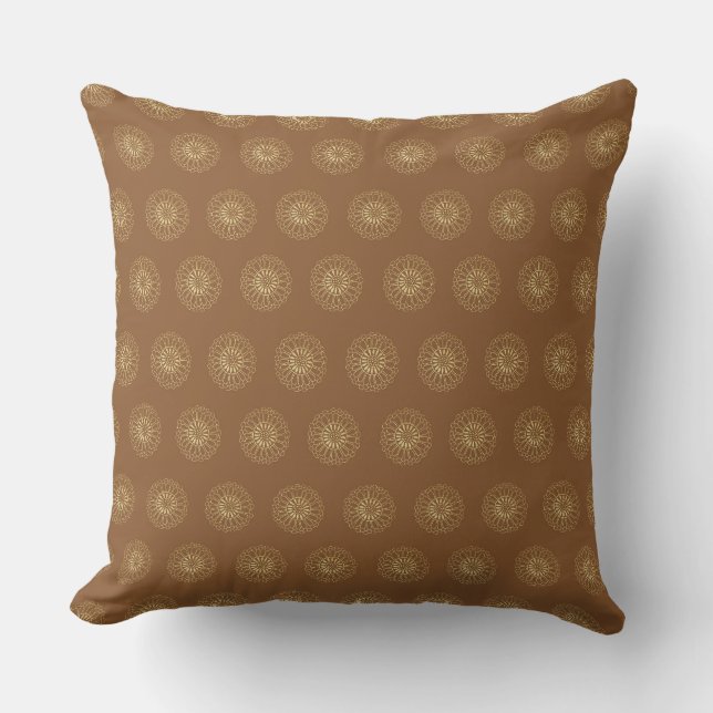 Mocha | Golden Zinnia Flower Medallions Cushion (Front)