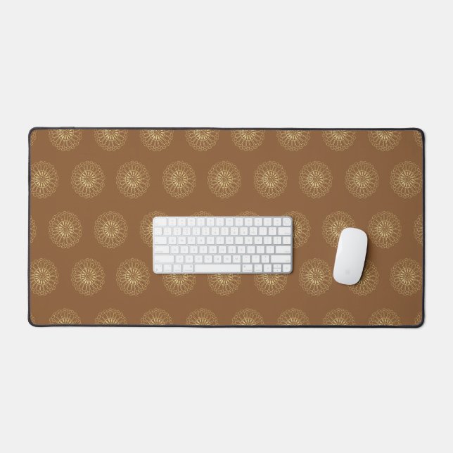 Mocha | Golden Zinnia Flower Medallions Desk Mat (Keyboard & Mouse)