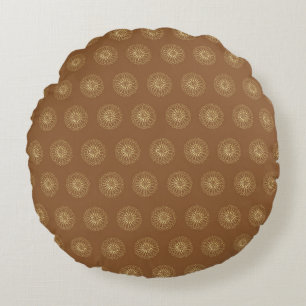 Mocha   Golden Zinnia Flower Medallions Round Cushion