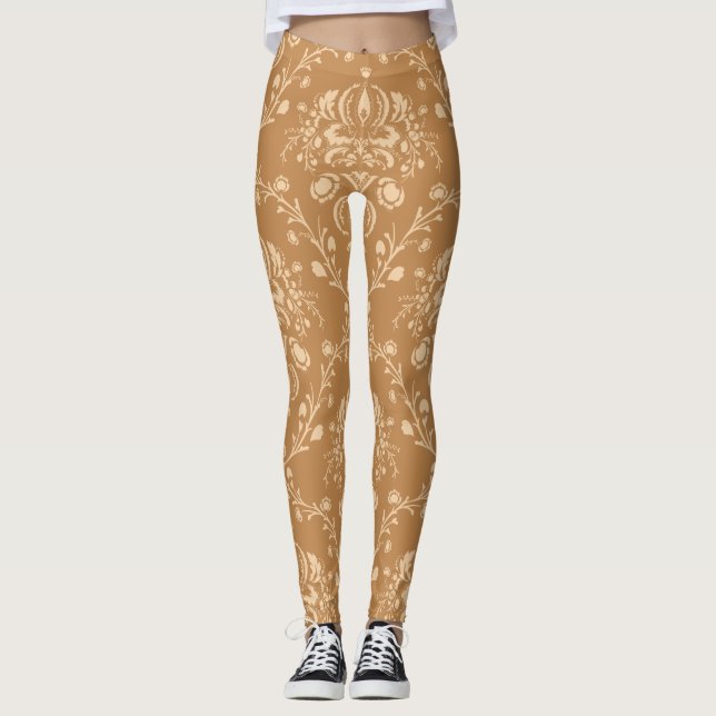 Mocha Latte Brown Damask Leggings (Front)