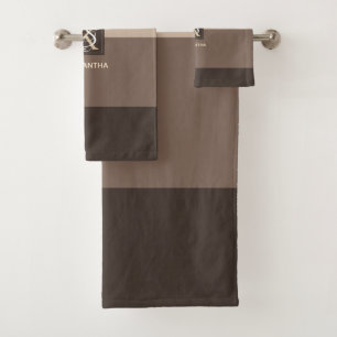 Mocha Latte Colour Palette Stripes Monogram Bath Towel Set