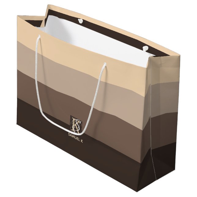 Mocha Latte Colour Palette Stripes Monogram Large Gift Bag (Front Angled)