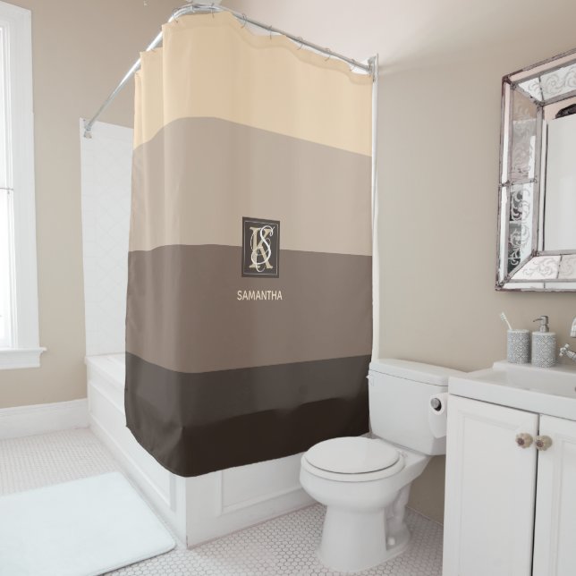Mocha Latte Colour Palette Stripes Monogram Shower Curtain (In Situ)