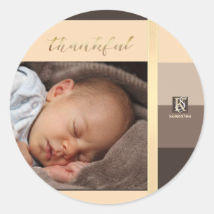 Mocha Latte Colour Palette Stripes Photo Monogram Classic Round Sticker
