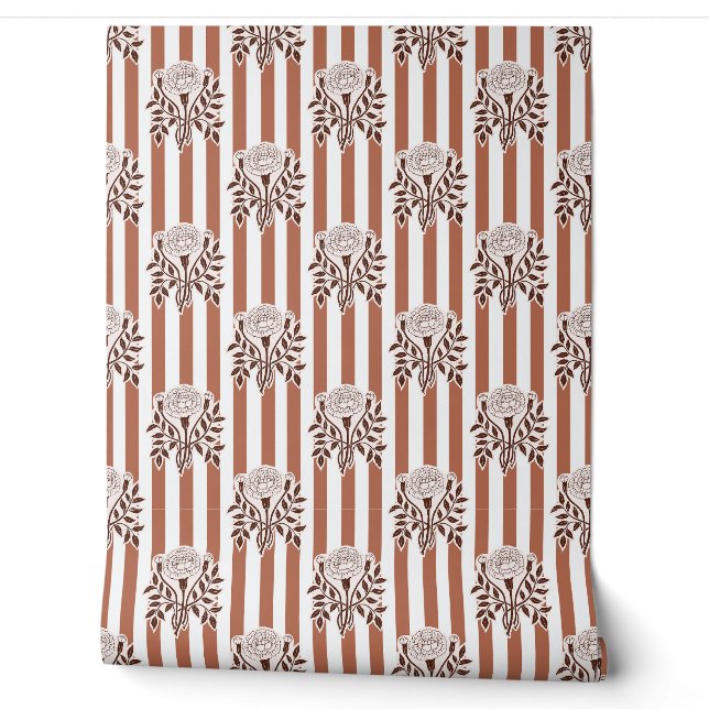 Mocha Marigold flowers stripe pattern Wallpaper (Unrolling)