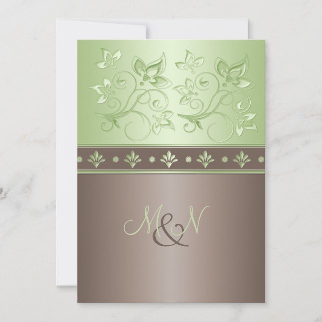 Mocha, Mint Floral Monogram Wedding Invitation (Front)