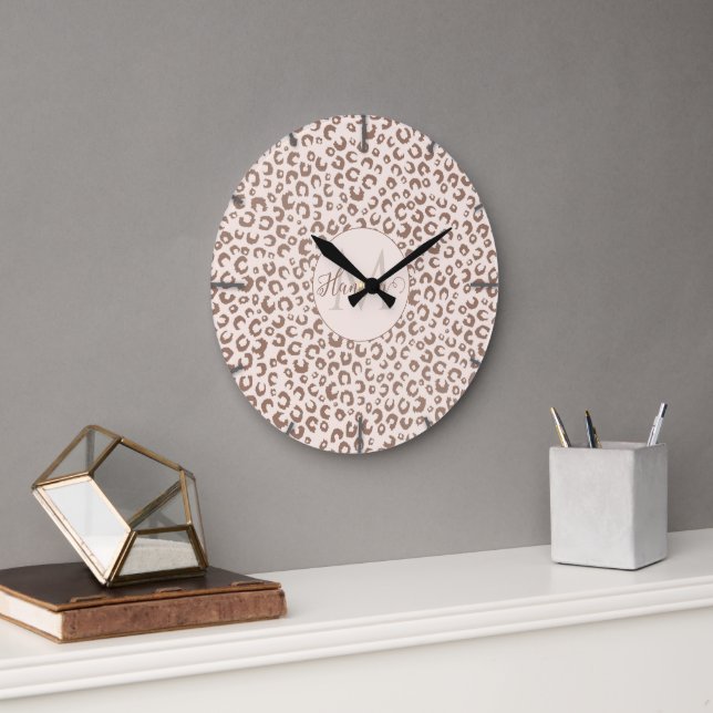 Mocha Mousse and Cream Tan Leopard Pattern Large Clock (Office)