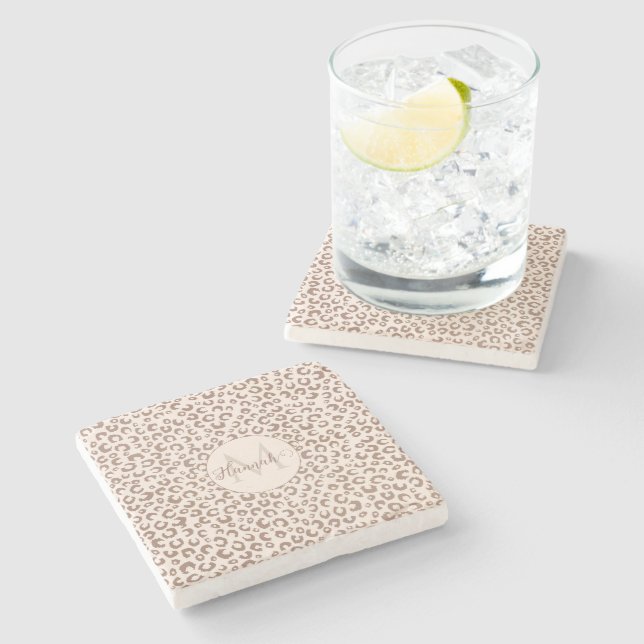 Mocha Mousse and Cream Tan Leopard Pattern Stone Coaster (Side)
