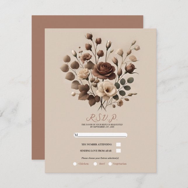 Mocha Mousse Beige Brown Floral Wedding RSVP Invitation (Front/Back)