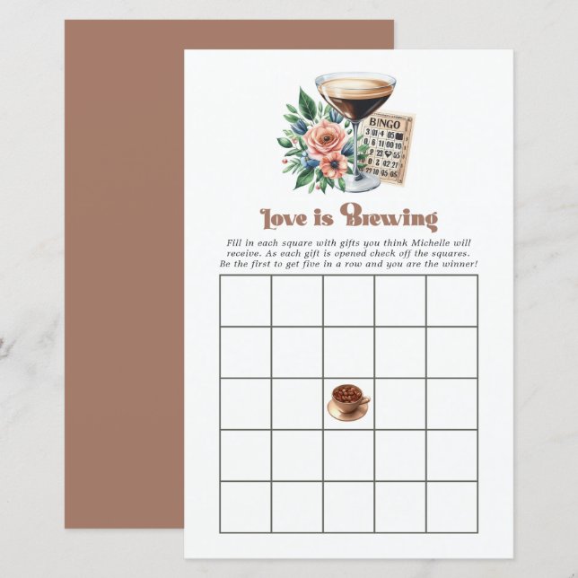 Mocha Mousse "Love is Brewing" Bridal Shower Bingo (Front/Back)