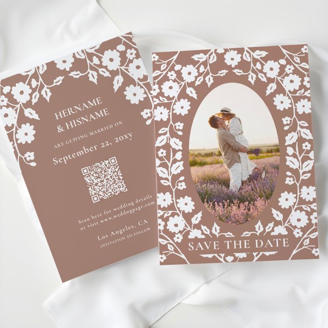 Mocha Mousse Photo QR Code Website Folk Floral Save The Date (Creator Uploaded)