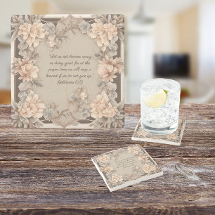 Mocha Peach Floral Frame Bible Verse Stone Coaster