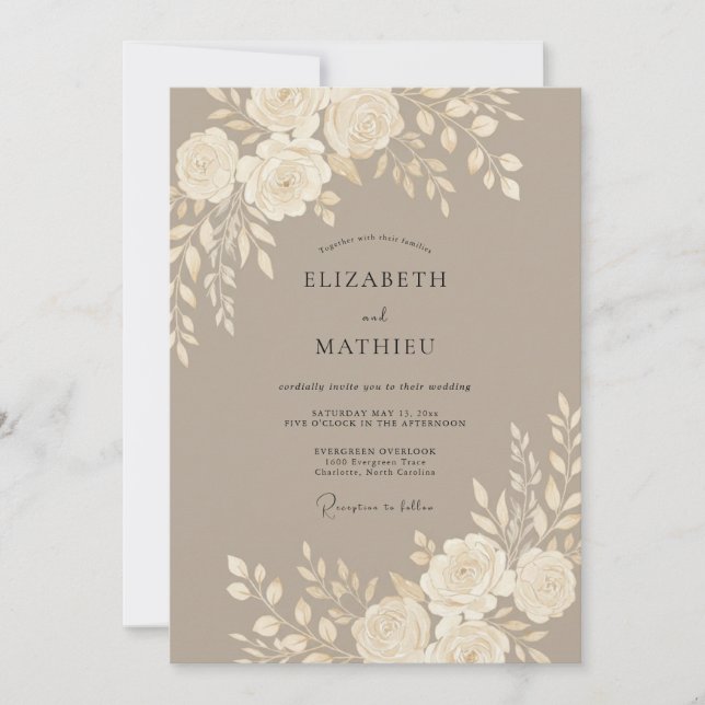 Mocha Polished Floral Wedding Invitation (Front)