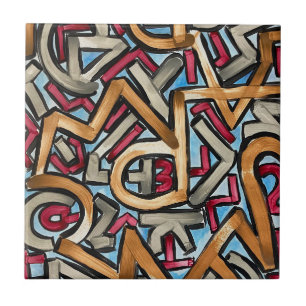 Mocha Red Grey Geometric-Hand Painted Abstract Art Ceramic Tile
