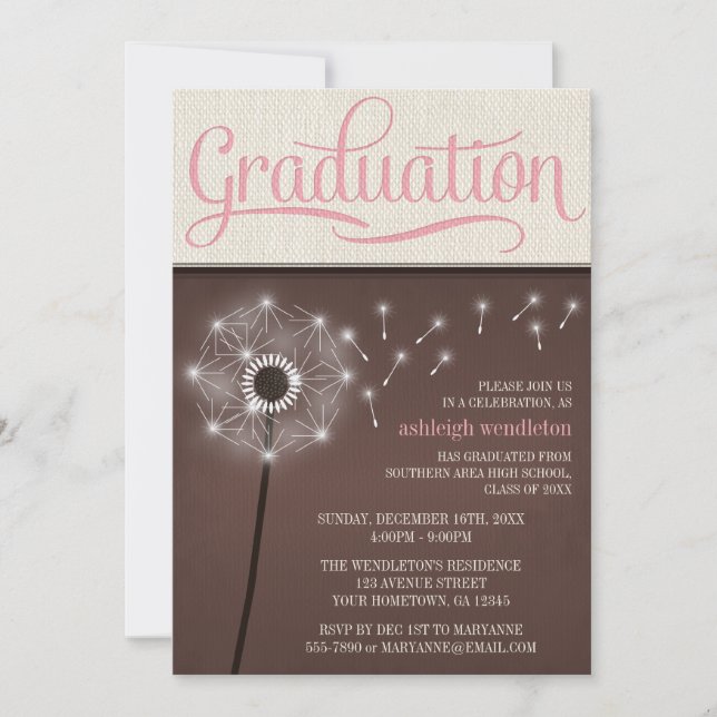 Mocha Rustic Linen Dandelion Graduation Invitation (Front)
