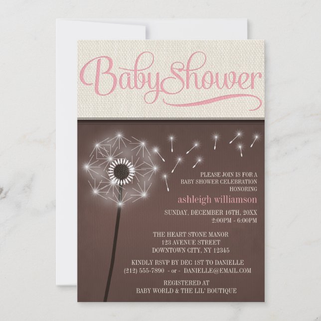 Mocha Rustic Linen Girl Dandelion Baby Shower Invitation (Front)
