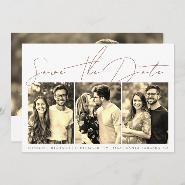 Mocha script calligraphy 3 sepia photo collage  save the date (Front/Back)