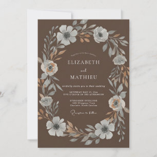 Mocha Silver Wreath Wedding Invitation