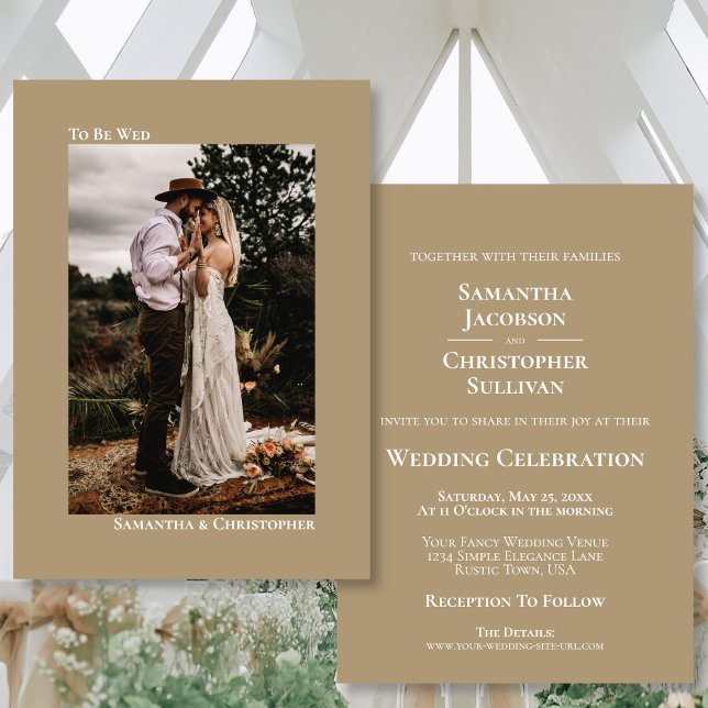 Mocha Tan Modern Minimalist Vertical Photo Wedding Invitation (Front/Back)