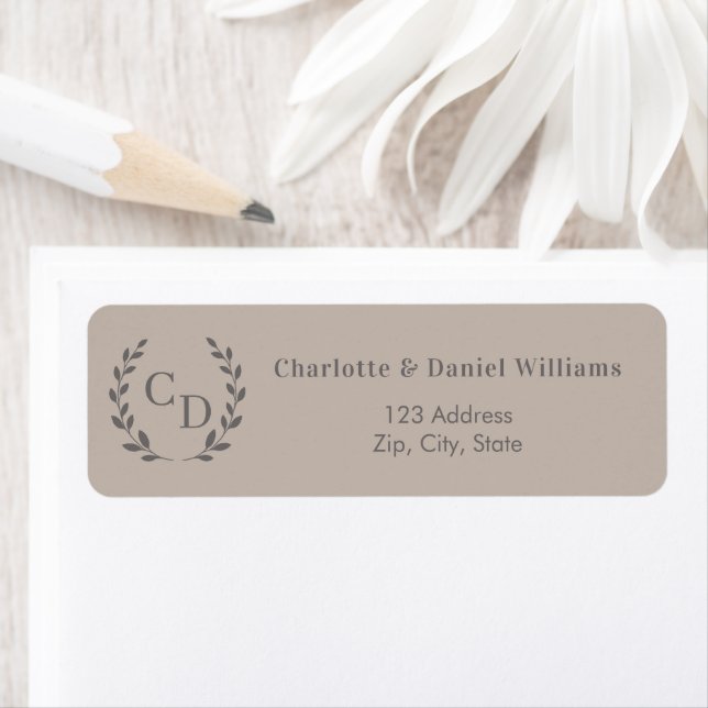Mocha taupe monogrammed wreath return address return address label (Insitu)