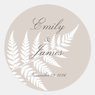 Mocha Taupe White Fern Elegant Wedding Classic Round Sticker